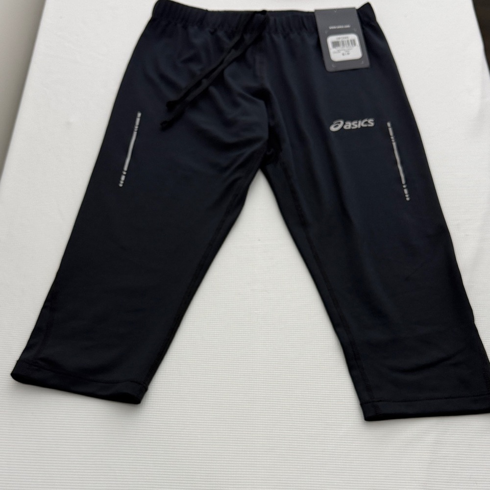 NWT Asics Black Run Capri Pants Crop Leggings Athletic Drawstring Size S